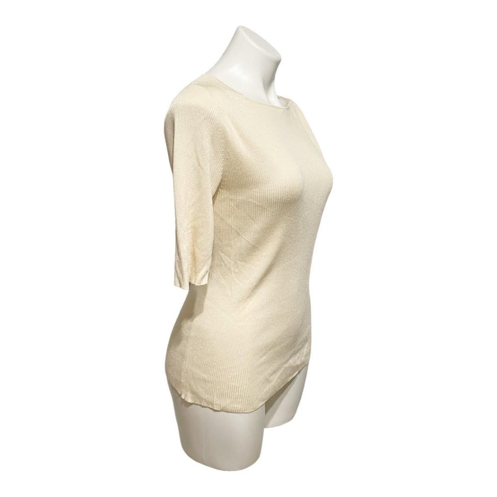 Akris Cream Ribbed 1/2 Sleeve Square Neck Lightweight Sweater - Picture 3 of 7
